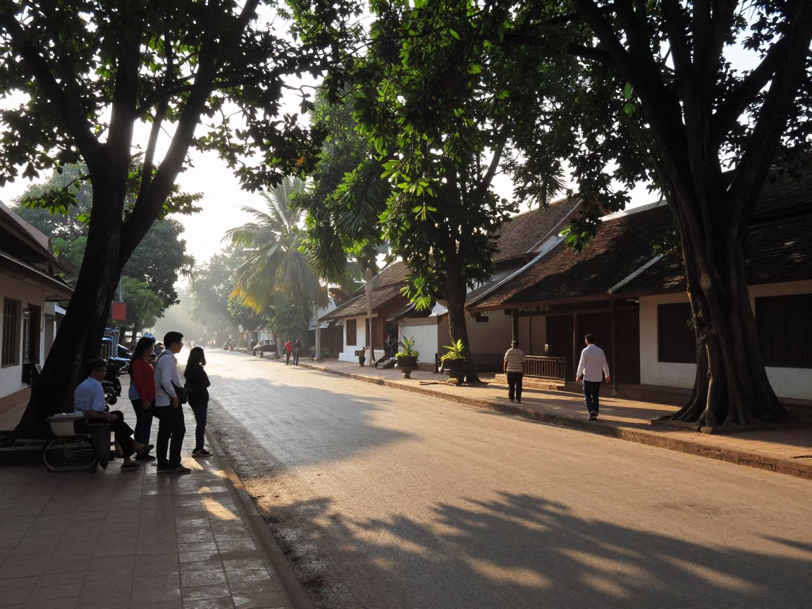 Late Morning Street Scene in Luang Prabang Laos with Tourists and Traditional Architecture in in Luang Prabang, Laos