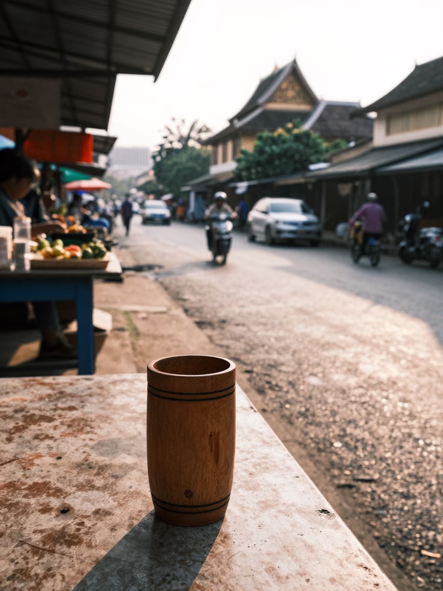 Late Morning Street Scene in Luang Prabang Laos with Wooden Cup and River Activity in in Luang Prabang, Laos