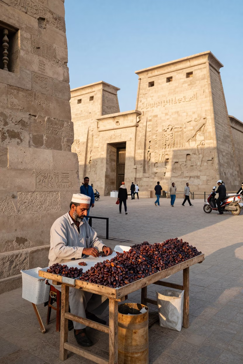 Late Morning Street Scene in Luxor Egypt with Local Vendor and Traditional Market Elements in in Luxor, Egypt