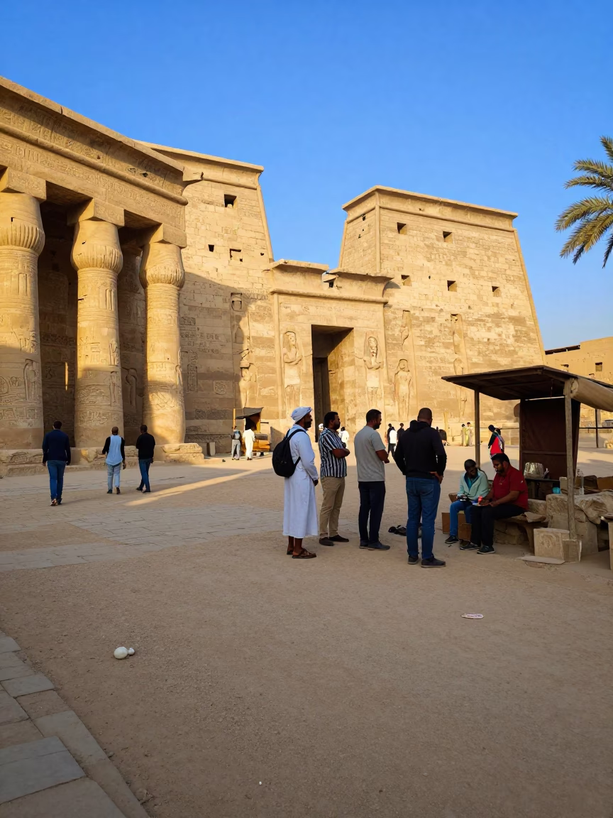 Late Morning Street Scene in Luxor Egypt with Tourists and Local Vendors in in Luxor, Egypt
