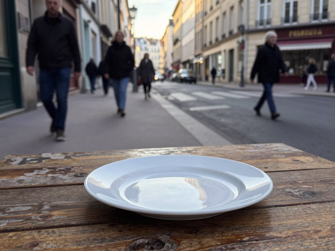 Late Morning Street Scene in Lyon France with Ceramic Plate and Domino Box in in Lyon, France