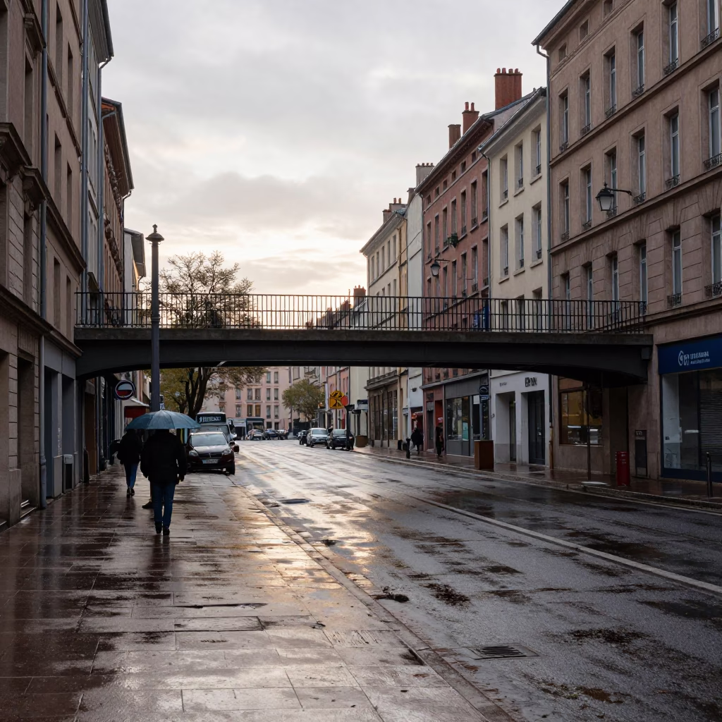 Late Morning Street Scene in Lyon France with Pedestrian Overpass and Wet Footsteps in in Lyon, France