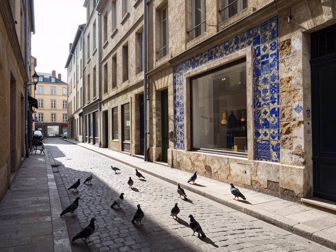 Late Morning Street Scene in Lyon France with Pigeons and Ceramic Tiles in in Lyon, France