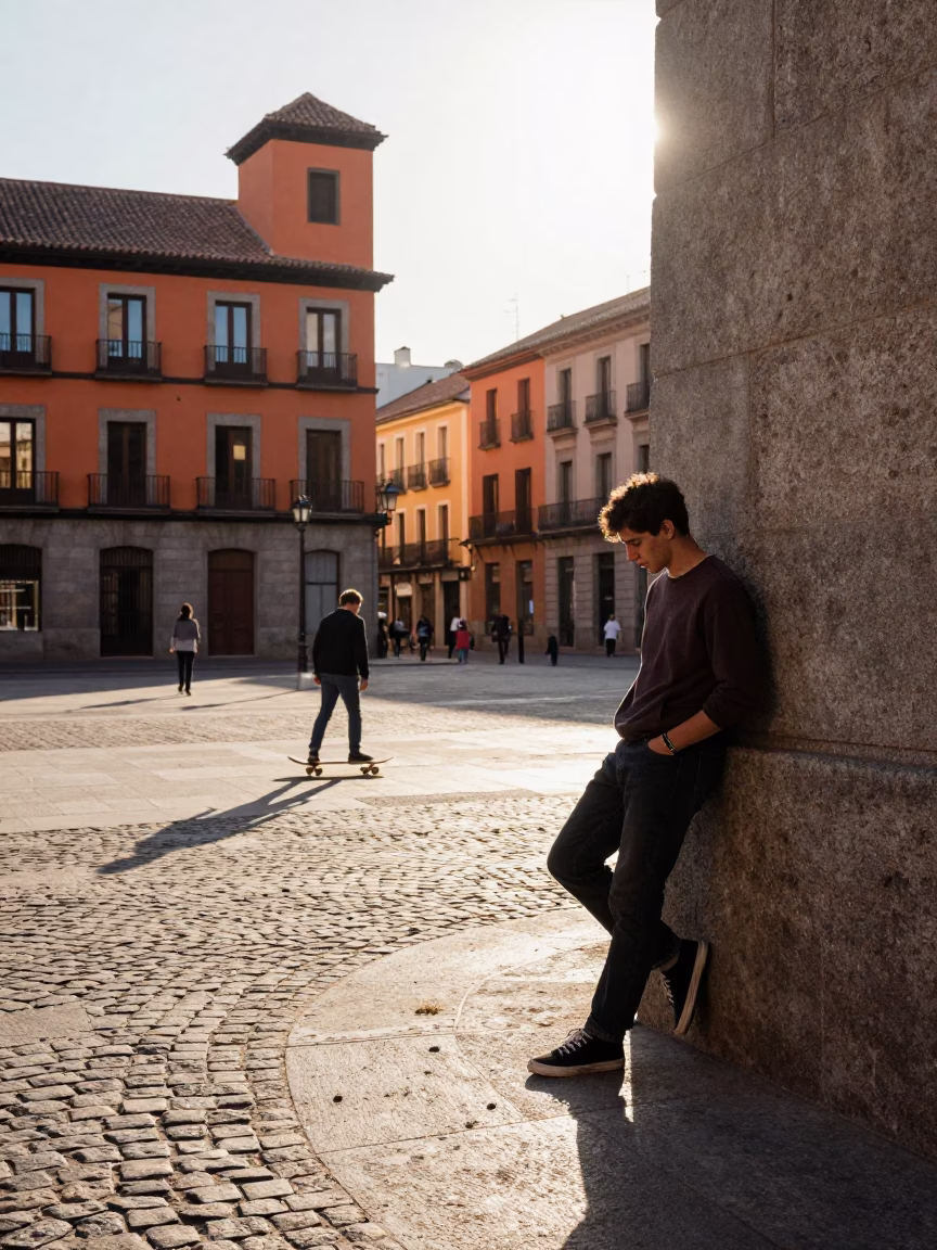 Late Morning Street Scene in Madrid Spain with Skateboarder and Colorful Textiles in in Madrid, Spain