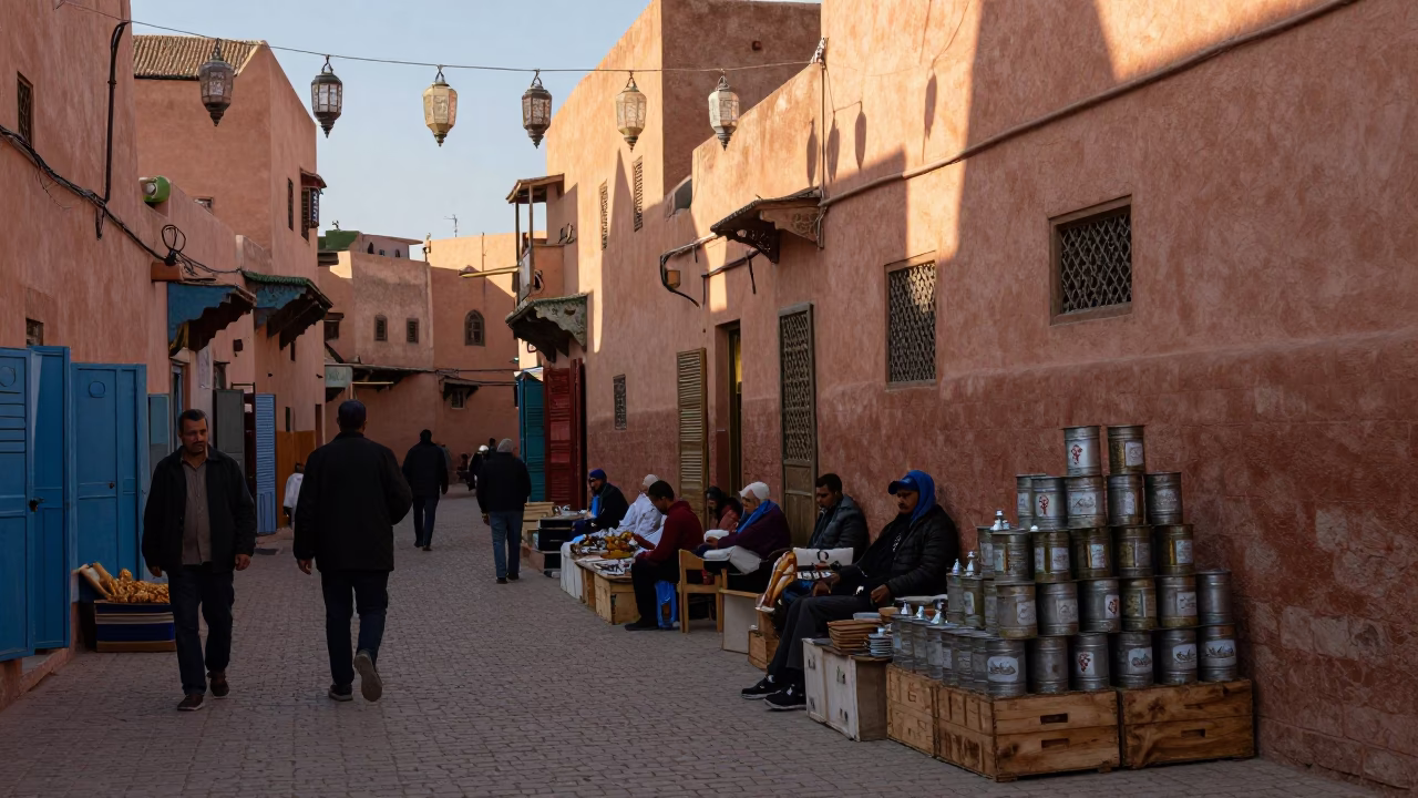 Late Morning Street Scene in Marrakech Morocco with Paper Lanterns and Traditional Tea Tins in in Marrakech, Morocco