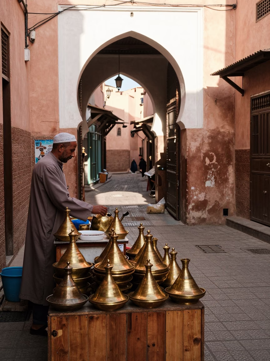 Late Morning Street Scene in Marrakech Morocco with Traditional Kitchen Utensil in in Marrakech, Morocco