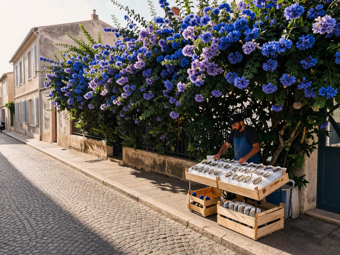 Late Morning Street Scene in Marseille France with Plumbago Hedge and Local Market Activity in in Marseille, France