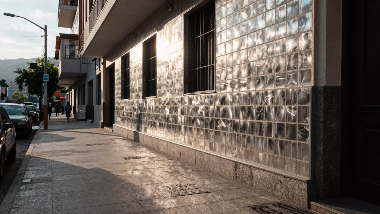 Late Morning Street Scene in Medellin Colombia with Brushed Steel Tile Grout Detail in in Medellin, Colombia