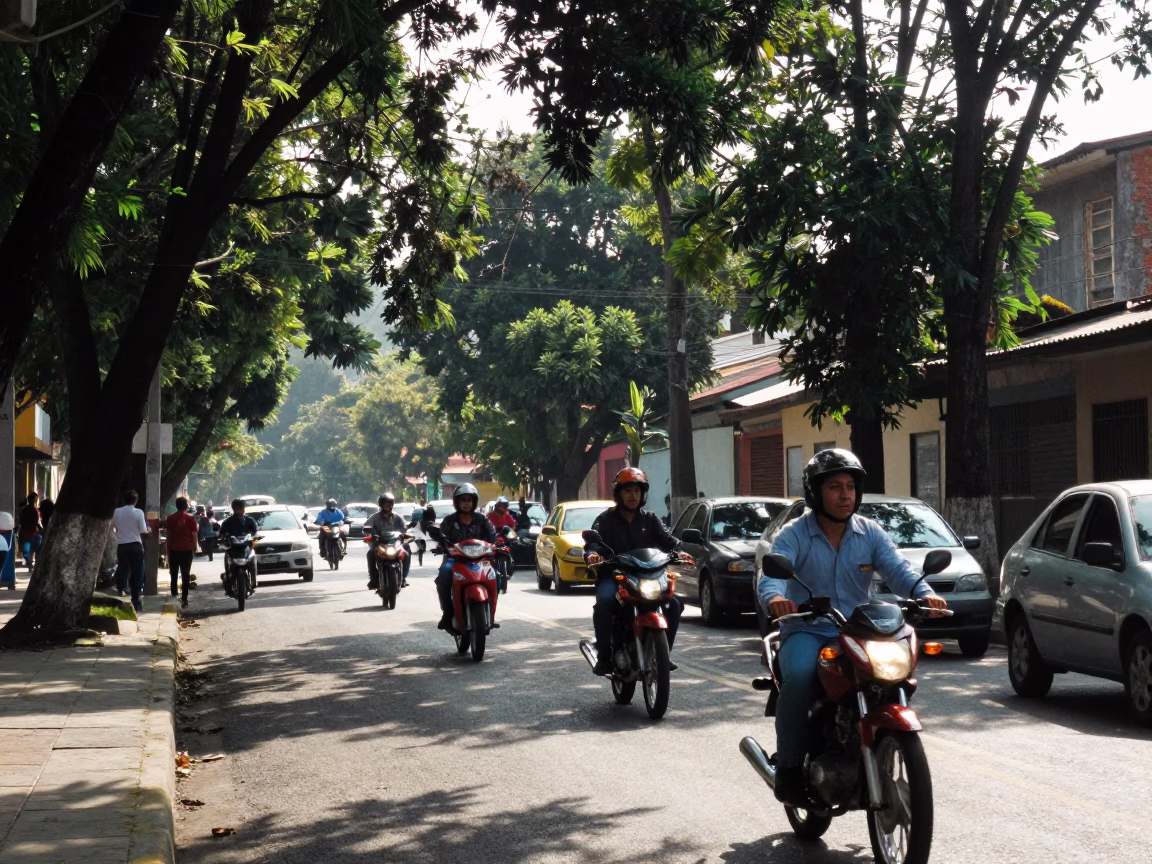 Late Morning Street Scene in Medellin Colombia with Motorcycle and Local Life in in Medellin, Colombia