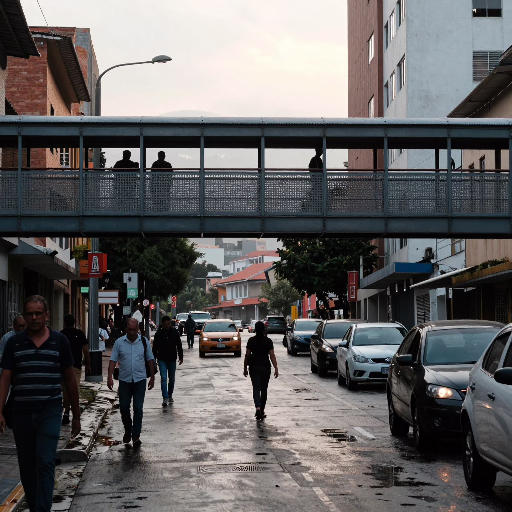 Late Morning Street Scene in Medellin Colombia with Pedestrian Overpass and Brooms in in Medellin, Colombia