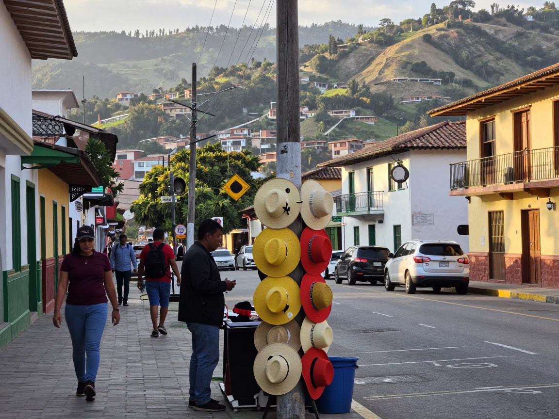 Late Morning Street Scene in Medellin Colombia with Sun Hats and Urban Landscape in in Medellin, Colombia