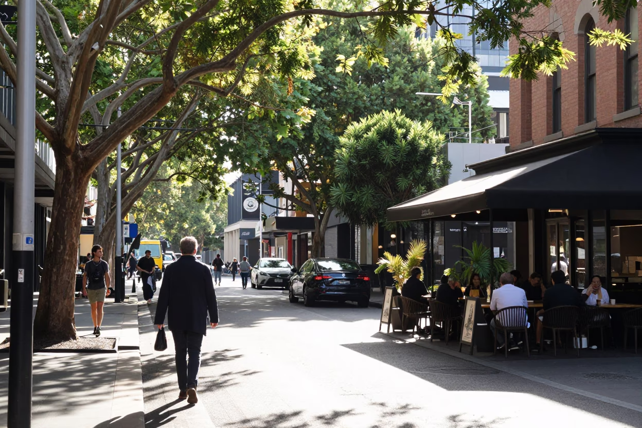 Late Morning Street Scene in Melbourne Victoria Australia with Coffee and Pedestrians in in Melbourne, Victoria, Australia
