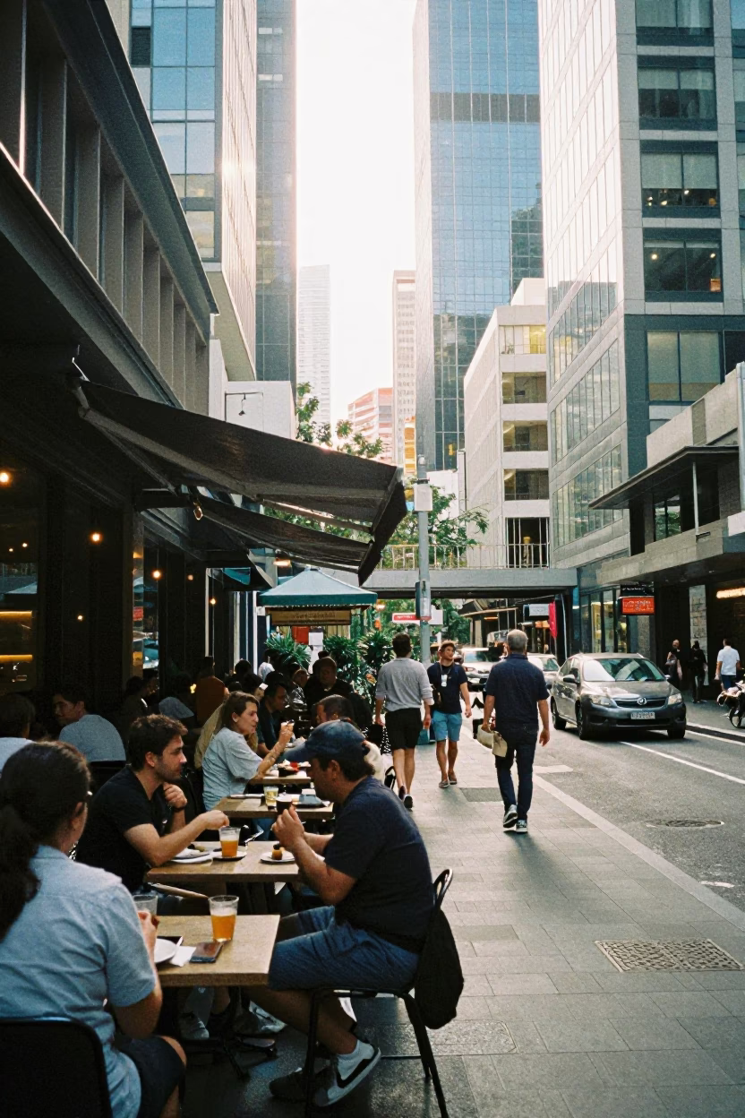 Late Morning Street Scene in Melbourne Victoria Australia with Local Dining Elements in in Melbourne, Victoria, Australia