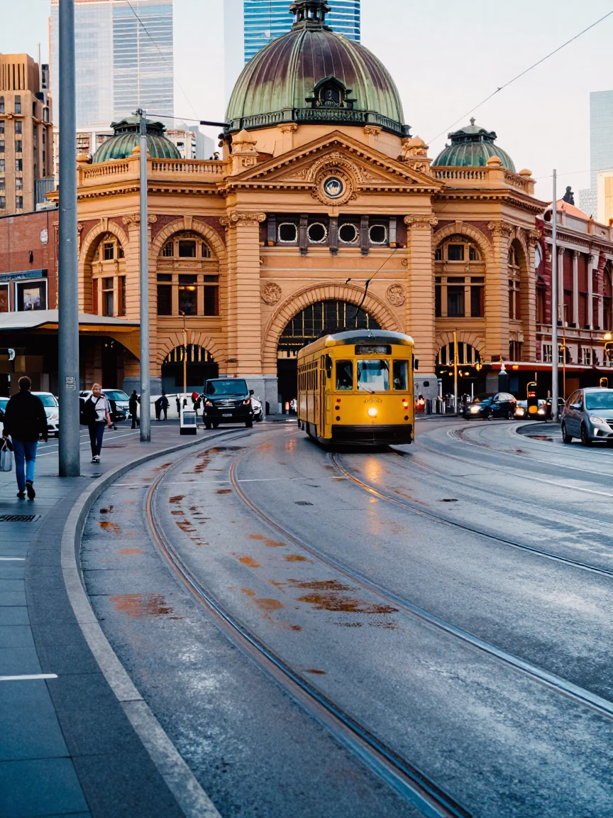 Late Morning Street Scene in Melbourne Victoria Australia with Tram Tracks and Coffee Culture in in Melbourne, Victoria, Australia