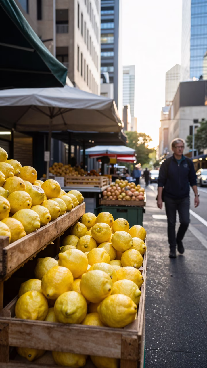 Late Morning Street Scene in Melbourne Victoria Australia with Yellow Lemons in in Melbourne, Victoria, Australia