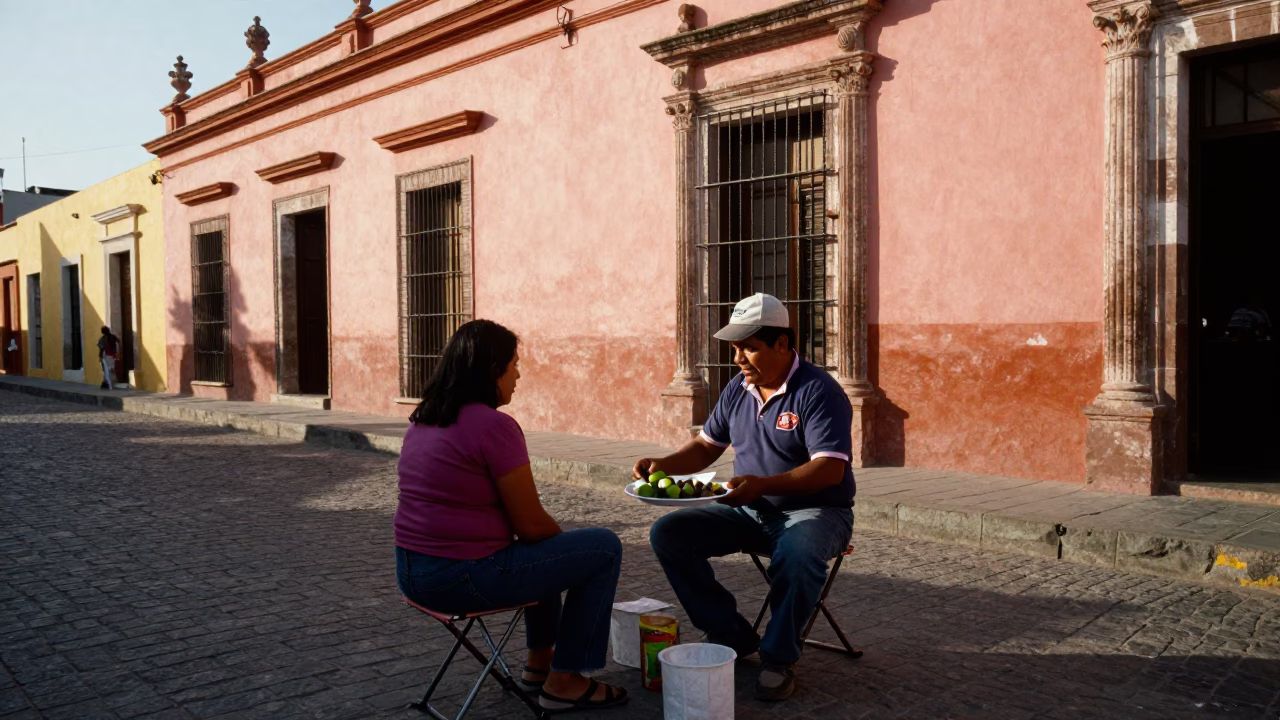 Late Morning Street Scene in Merida Mexico with Elote and Camp Stool in in Merida, Mexico