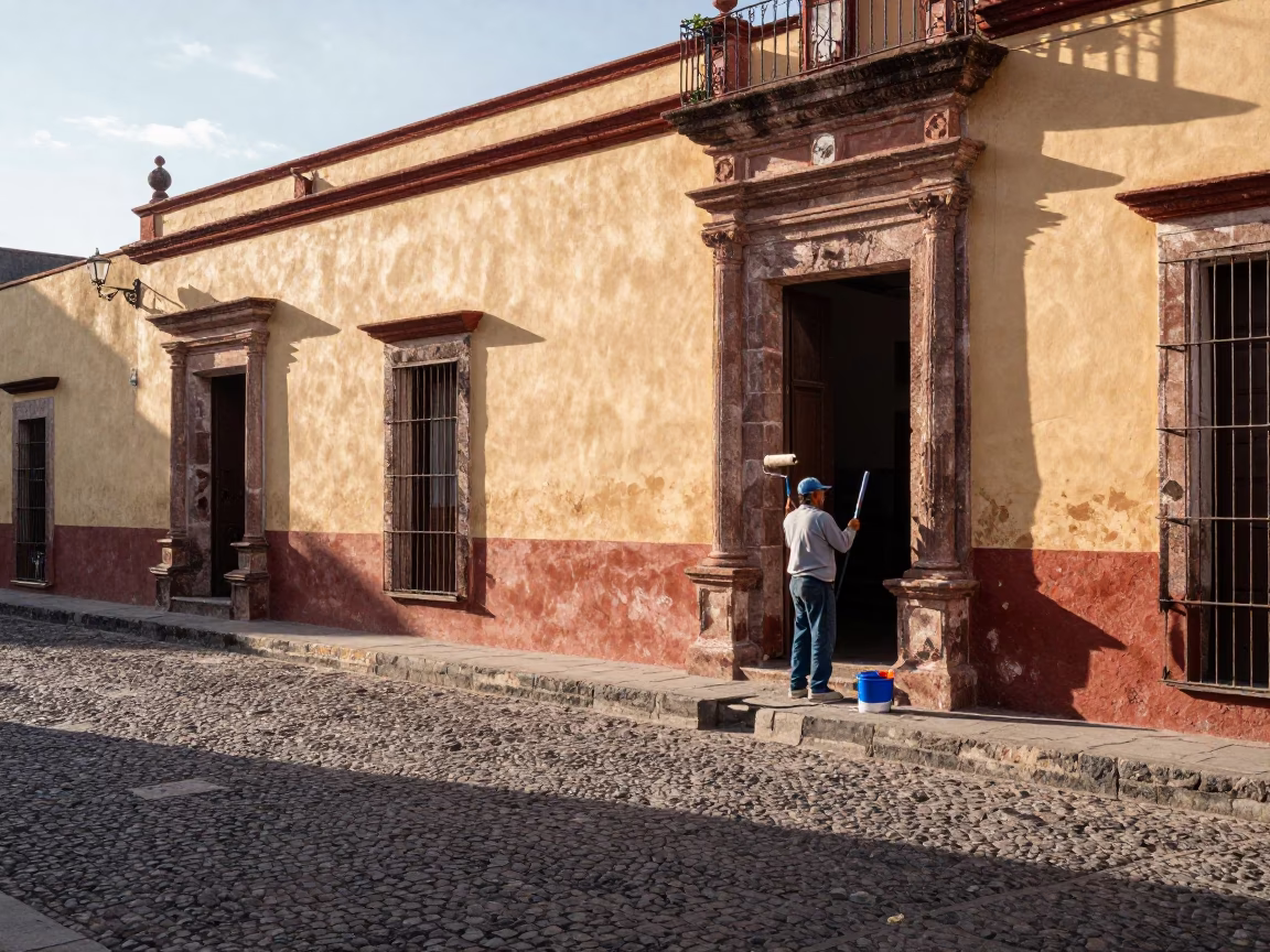 Late Morning Street Scene in Merida Mexico with Painter and Local Activity in in Merida, Mexico