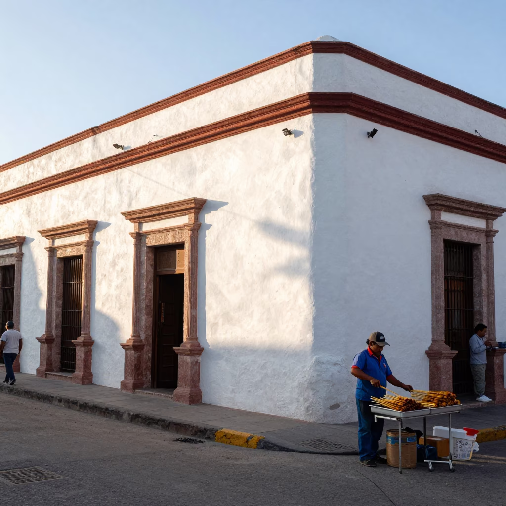 Late Morning Street Scene in Merida Mexico with Sunlight and Daily Life in in Merida, Mexico