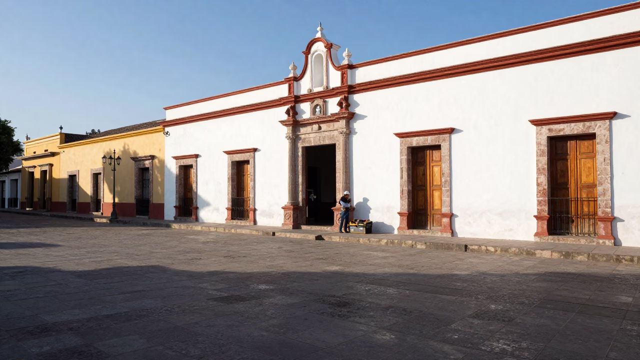 Late Morning Street Scene in Merida Mexico with Toolbox and Colonial Architecture in in Merida, Mexico
