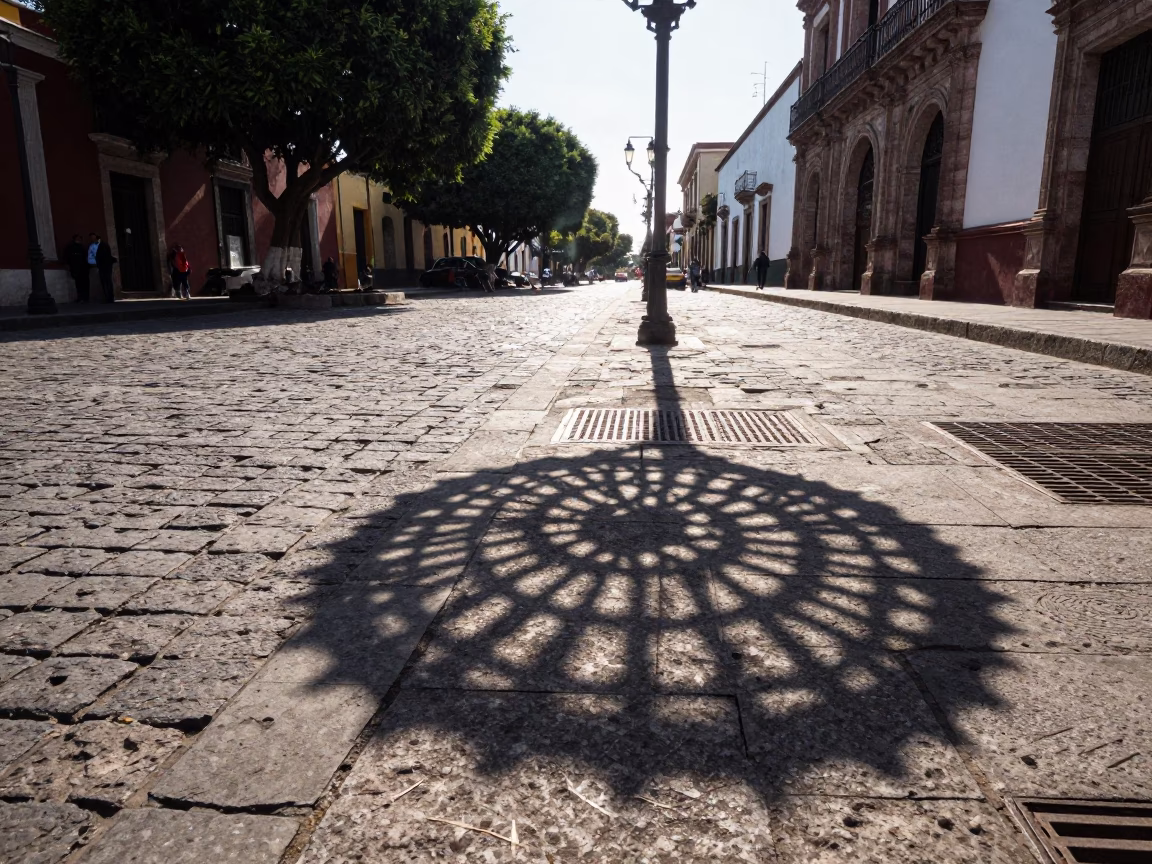 Late Morning Street Scene in Merida Mexico with Wicker Shadow and Porcelain Plate in in Merida, Mexico