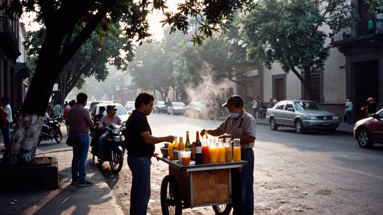 Late Morning Street Scene in Mexico City with Condensation on Glass Tumbler in in Mexico City, Mexico