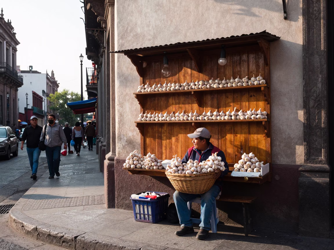 Late Morning Street Scene in Mexico City with Local Market Vendor and Hanging Produce in in Mexico City, Mexico