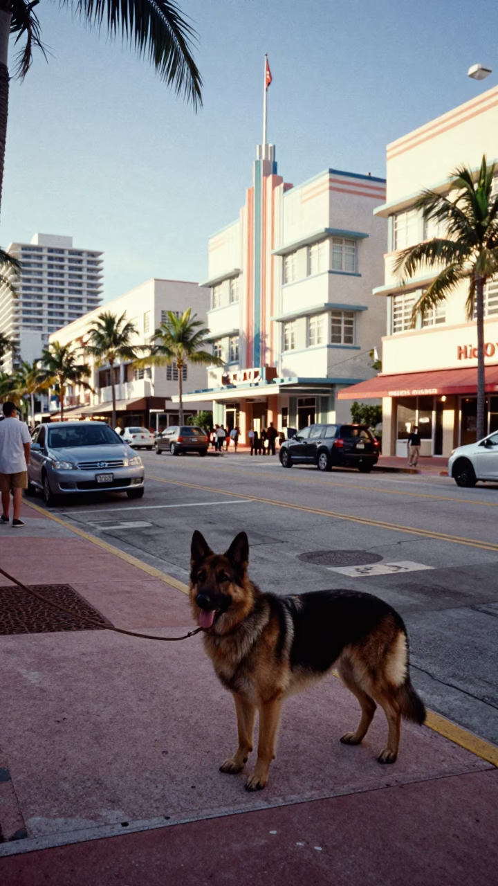 Late Morning Street Scene in Miami Florida with Bohemian Shepherd and Local Activity in in Miami, Florida, United States