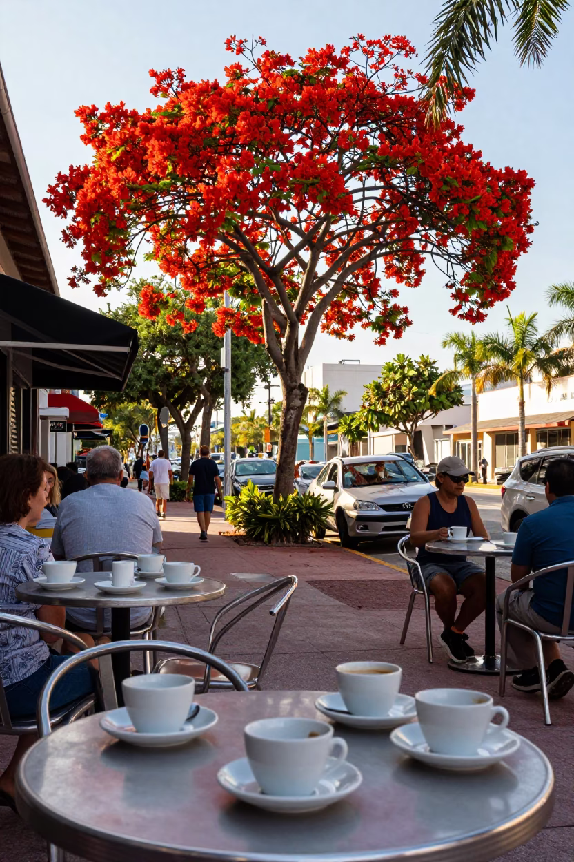 Late Morning Street Scene in Miami Florida with Flame Tree Bloom and Outdoor Cafe in in Miami, Florida, United States