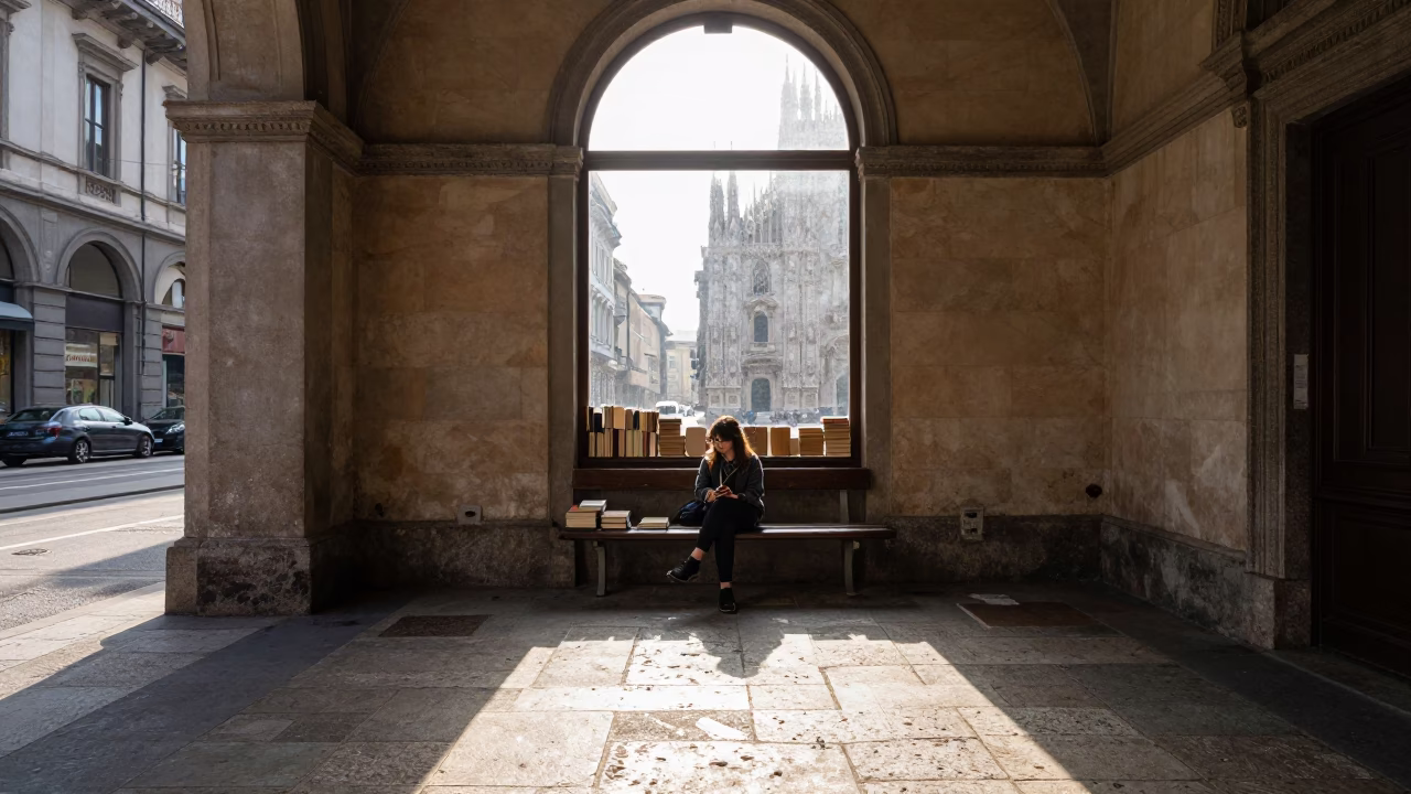 Late Morning Street Scene in Milan Italy with Books and Window Light in in Milan, Italy