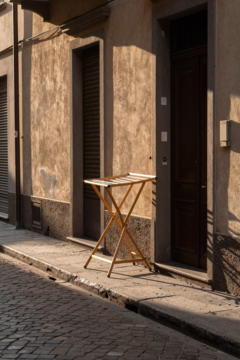 Late Morning Street Scene in Milan Italy with Drying Rack and Glass Jar in in Milan, Italy