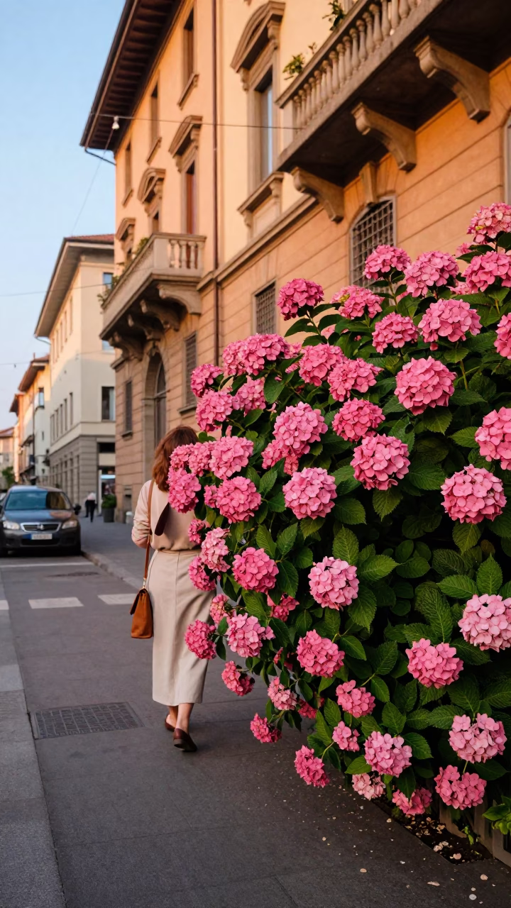 Late Morning Street Scene in Milan Italy with Hydrangea Bush and Linen Fringe Detail in in Milan, Italy