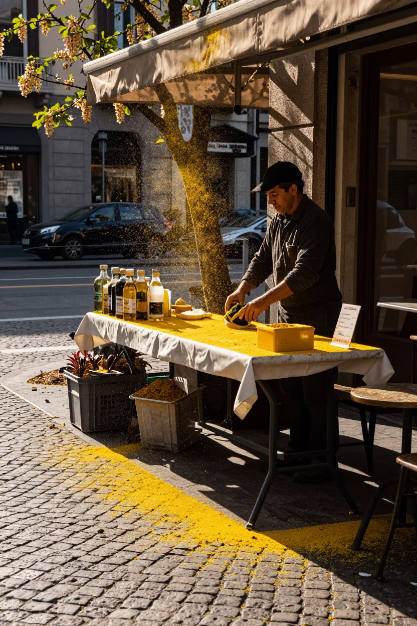 Late Morning Street Scene in Milan Italy with Pollen and Spice Jar in in Milan, Italy
