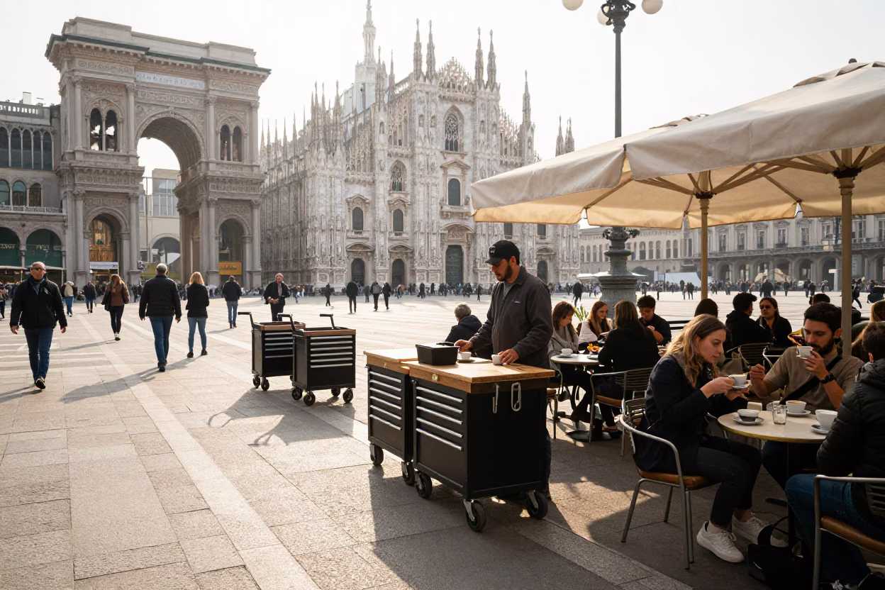 Late Morning Street Scene in Milan Italy with Tool Caddies and Coffee Culture in in Milan, Italy