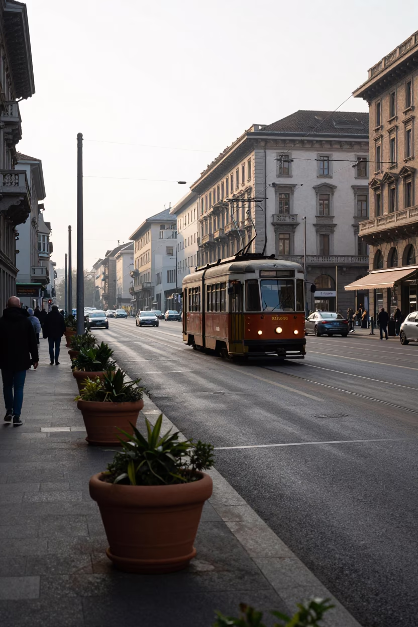 Late Morning Street Scene in Milan Italy with Tramcar and Potted Geraniums in in Milan, Italy