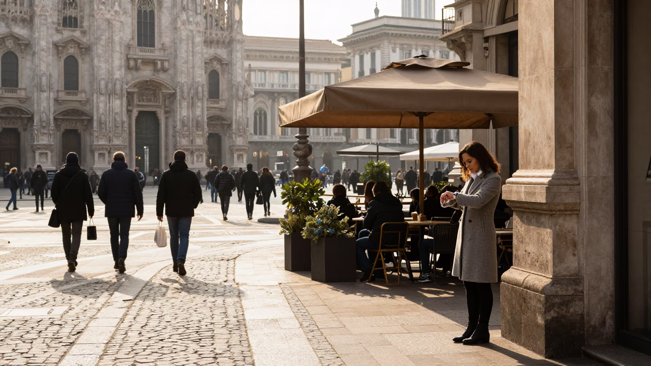 Late Morning Street Scene in Milan Italy with Vintage Details and Pedestrians in in Milan, Italy