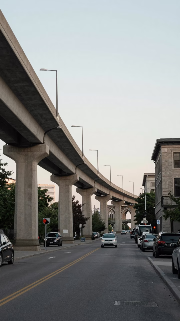 Late Morning Street Scene in Montreal Quebec Canada with Concrete Viaduct in in Montreal, Quebec, Canada