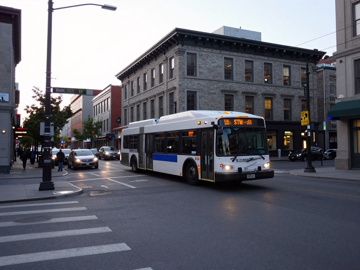 Late Morning Street Scene in Montreal Quebec Canada with Urban Transit and Pedestrians in in Montreal, Quebec, Canada