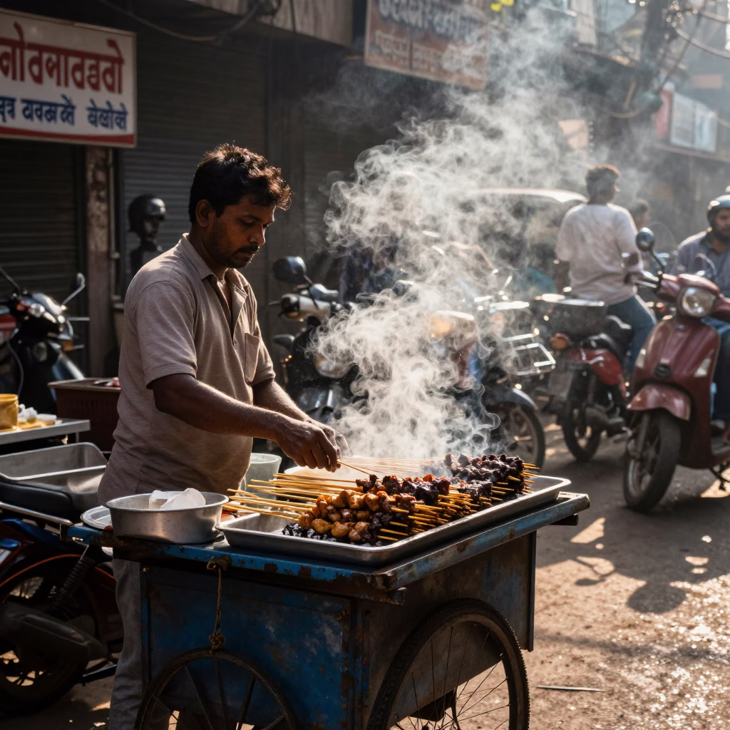 Late Morning Street Scene in Mumbai India with Food Vendor and Monorail in in Mumbai, India