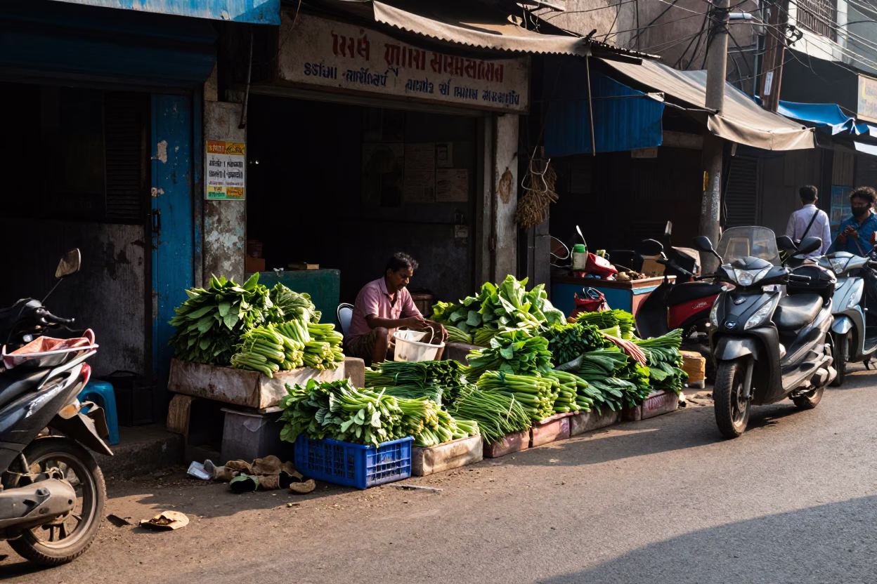 Late Morning Street Scene in Mumbai India with Local Market Produce and Urban Infrastructure in in Mumbai, India