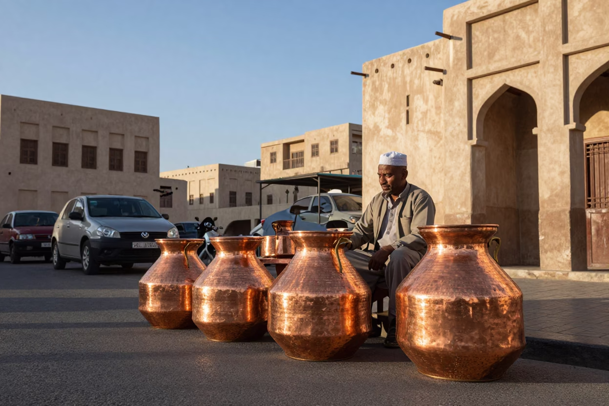 Late Morning Street Scene in Muscat Oman with Copper Pots and Terracotta in in Muscat, Oman