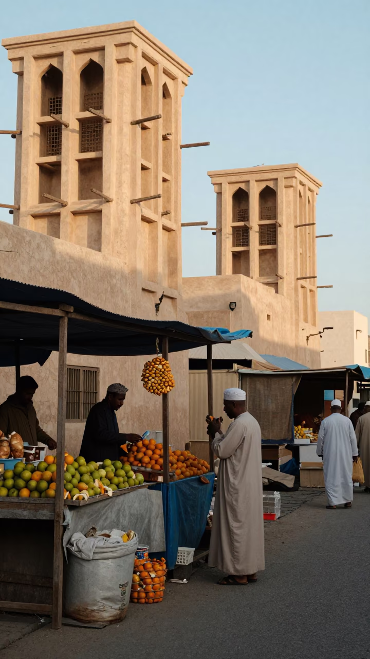 Late Morning Street Scene in Muscat Oman with Fresh Citrus Peel and Local Interaction in in Muscat, Oman