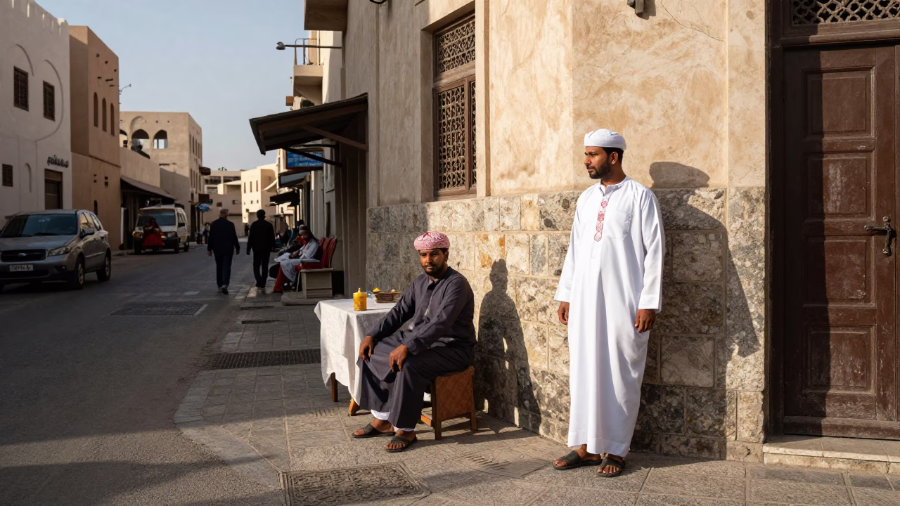 Late Morning Street Scene in Muscat Oman with Local Vendor and Traditional Elements in in Muscat, Oman
