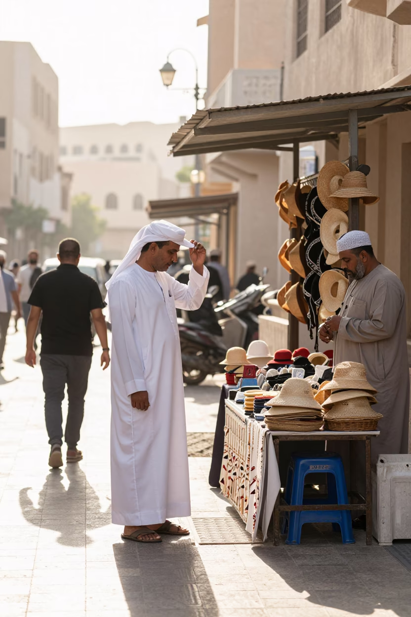 Late Morning Street Scene in Muscat Oman with Sun Hats and Local Life in in Muscat, Oman