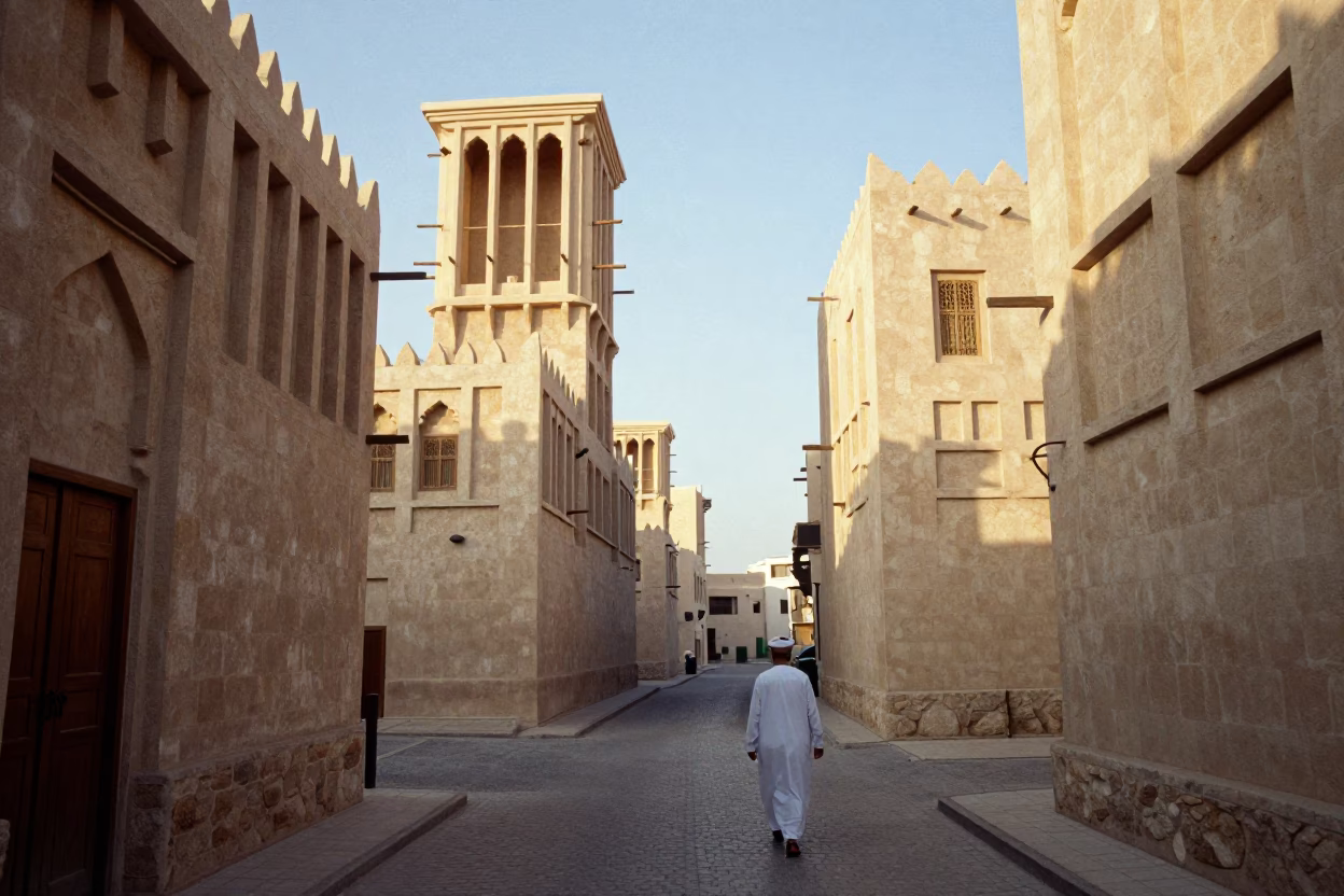 Late Morning Street Scene in Muscat Oman with Traditional Architecture and Local Commerce in in Muscat, Oman