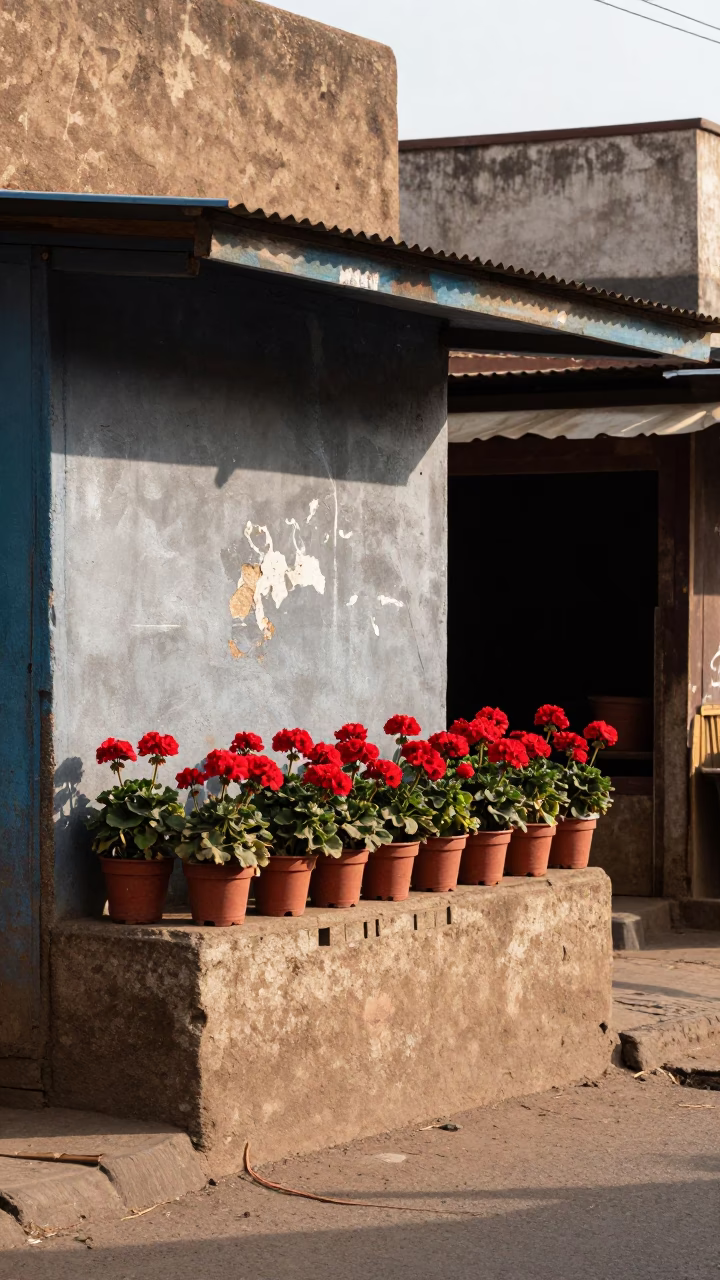 Late Morning Street Scene in Nairobi Kenya with Potted Geraniums and Local Commerce in in Nairobi, Kenya