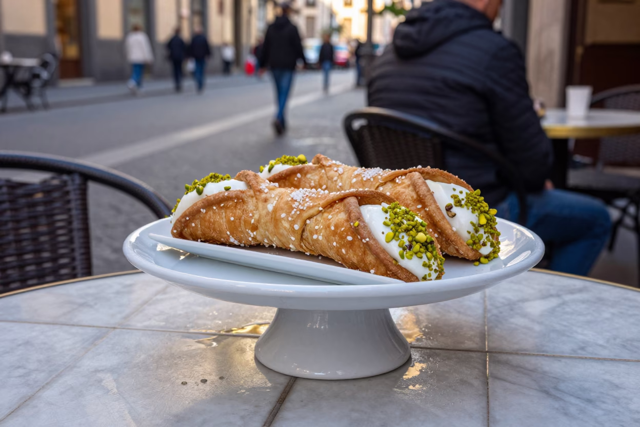 Late Morning Street Scene in Naples Italy with Cannoli and Pistachio Desserts in in Naples, Italy