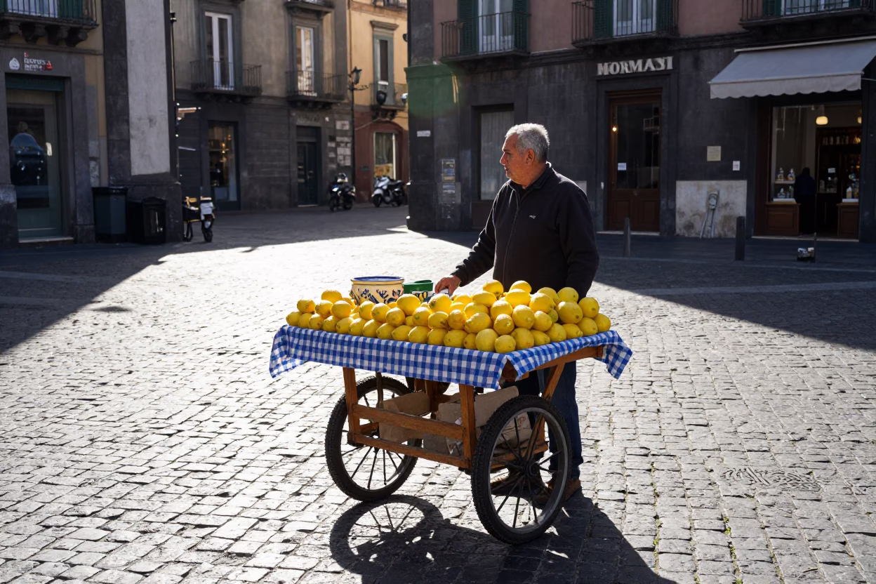 Late Morning Street Scene in Naples Italy with Lemons and Ceramic Bowl in in Naples, Italy