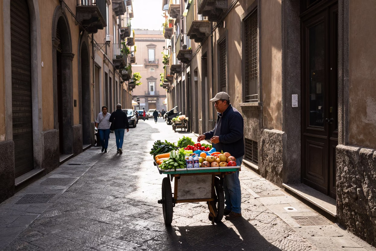 Late Morning Street Scene in Naples Italy with Local Vendor and Traditional Items in in Naples, Italy
