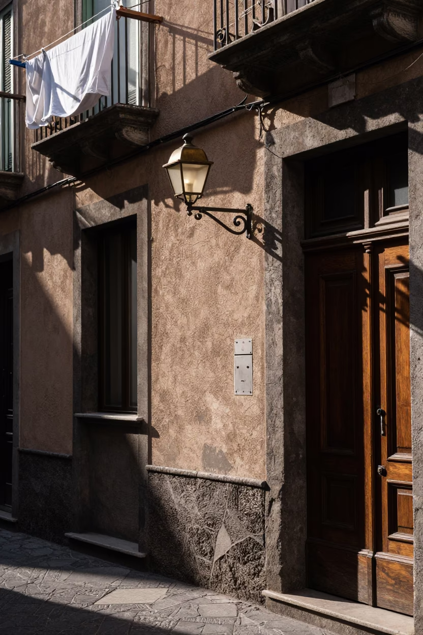 Late Morning Street Scene in Naples Italy with Wall Sconce and Doorknob Details in in Naples, Italy