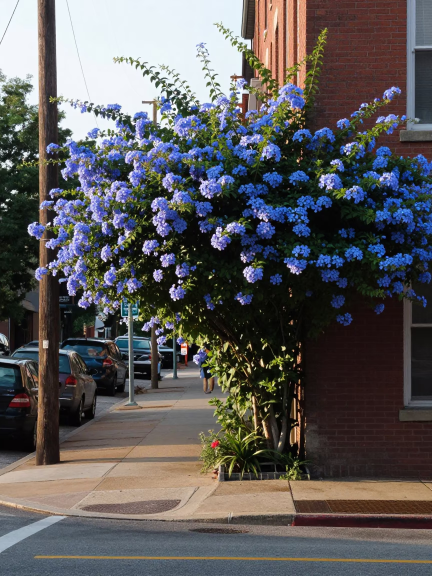 Late Morning Street Scene in Nashville Tennessee with Blue Plumbago Hedge and Local Activity in in Nashville, Tennessee, United States